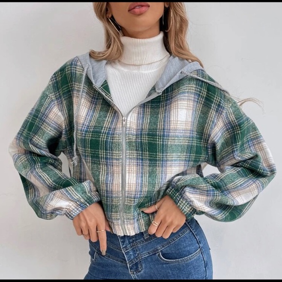 Shein Tartan Print Drop Shoulder Drawstring Hooded Crop Overcoat Size XL - Picture 5 of 9